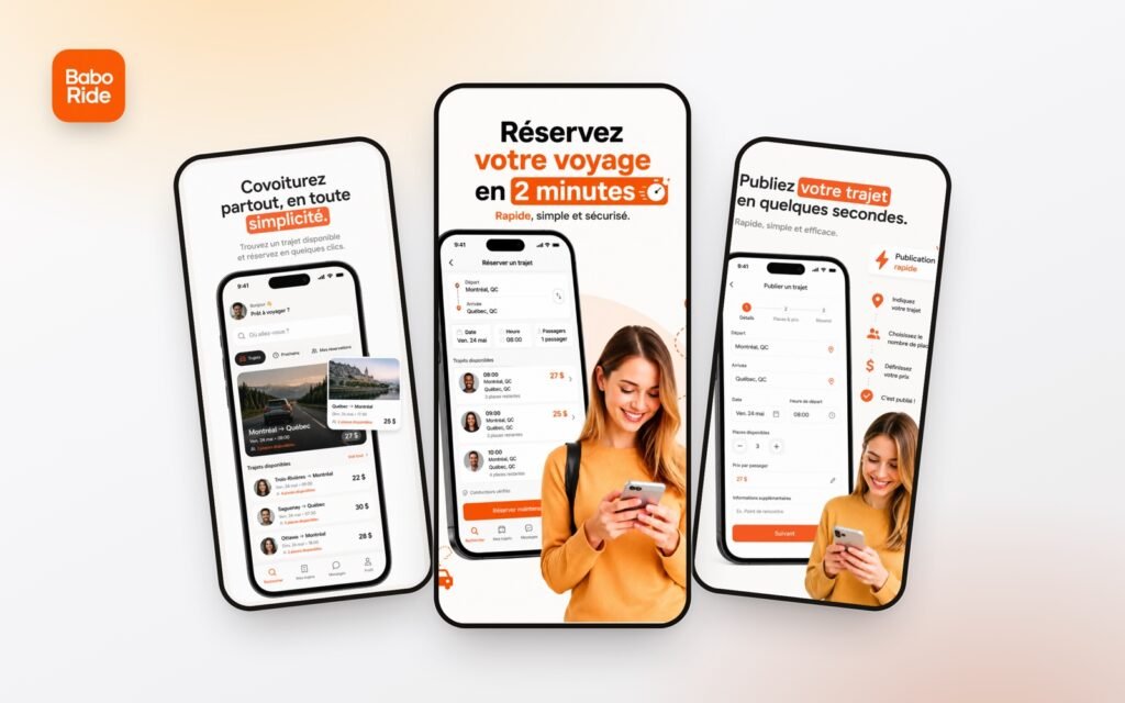 Captures de l’application mobile Baboride — covoiturage, réalisée par GroupeOlaf
